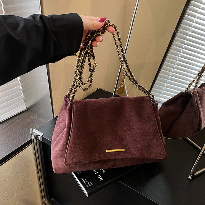 Suede Flap Crossbody Bag – Gold Bar Accent Double Chain Shoulder Purse