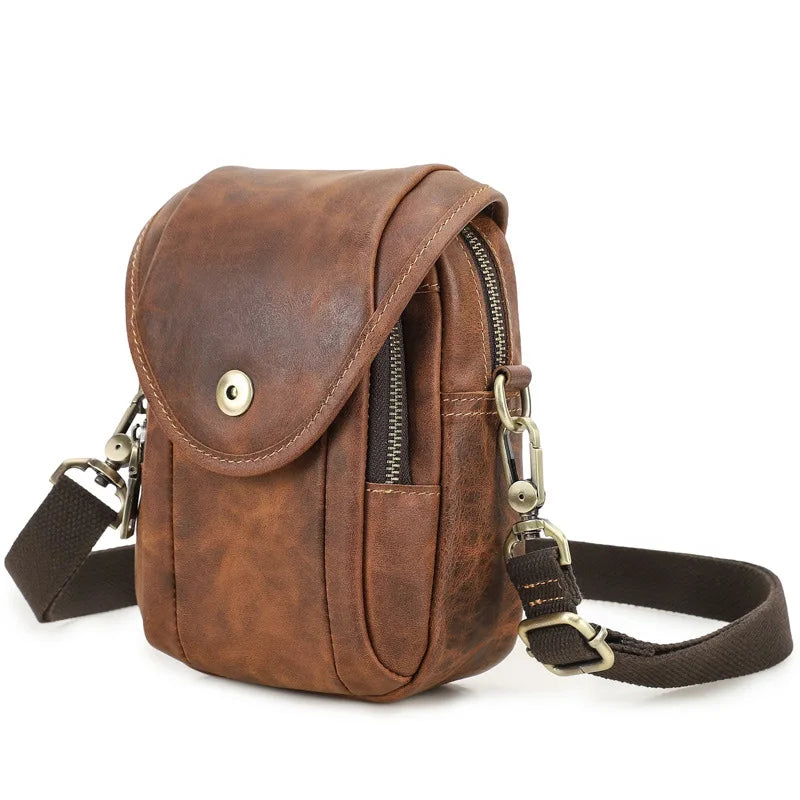 Retro Crazy Horse Leather Men S 7-Inch Mobile Phone Waist Bag Belt Multi-Functional Genuine Leather