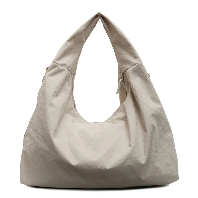 Chic Solid Color Nylon Tote Bag Multiple Zipper Pockets Large Capacity Casual Shoulder Bag College