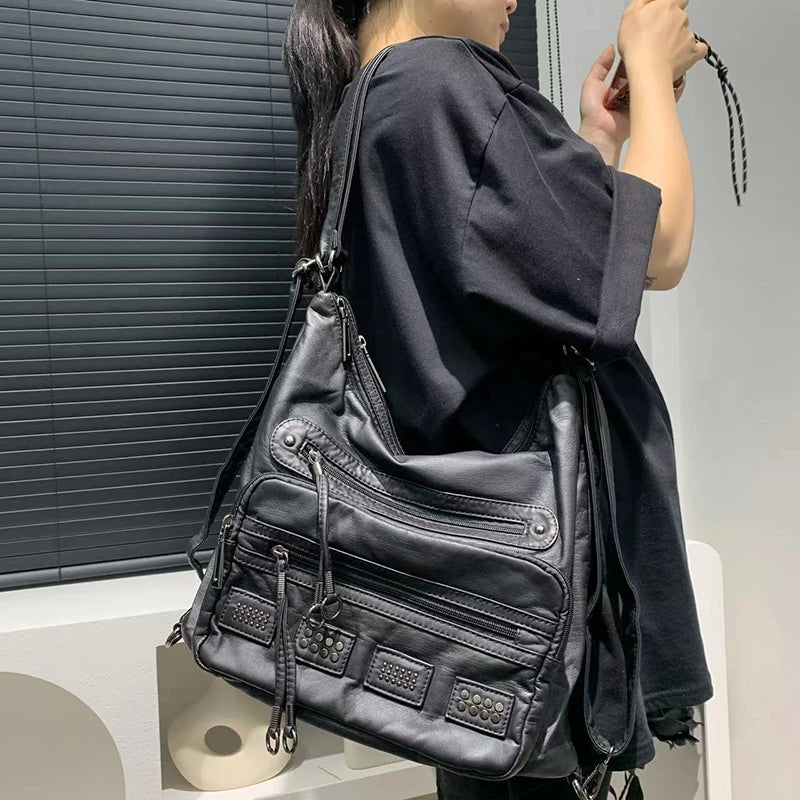Y2k Women S Bag Retro Rivet Tote Water Washed Soft Leather Large Capacity Commuter Single Shoulder