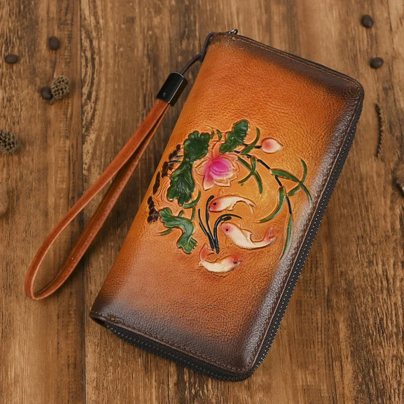 Vegetable-Tanned Genuine Leather Long Wallet Women