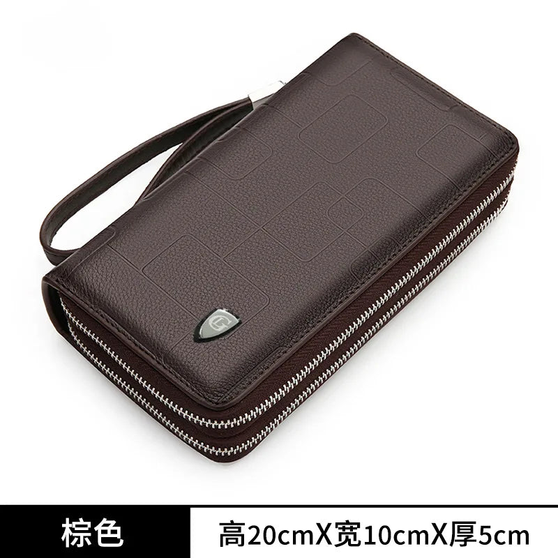 Top Layer Leather Men S Double Zipper Wallet Mobile Phone Storage Multi-Function Large Capacity Hand
