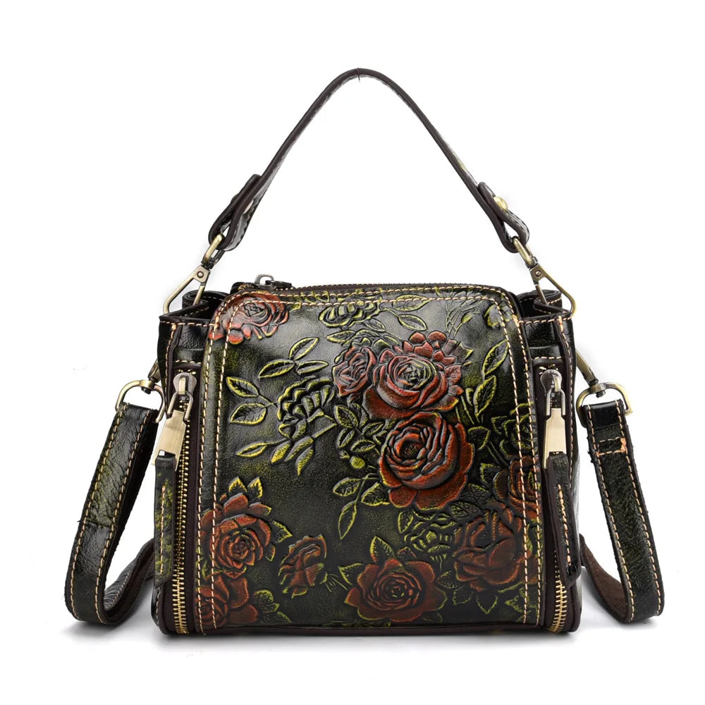 Genuine Leather Women S Single-Shoulder Bag Floral Crossbody Retro Large-Capacity High-End Hand-Held