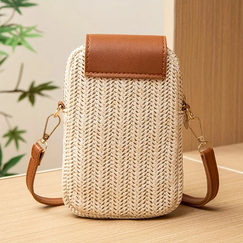 Mini Crossbody Phone Bag for Women – Cute Straw & Leather Boho Purse