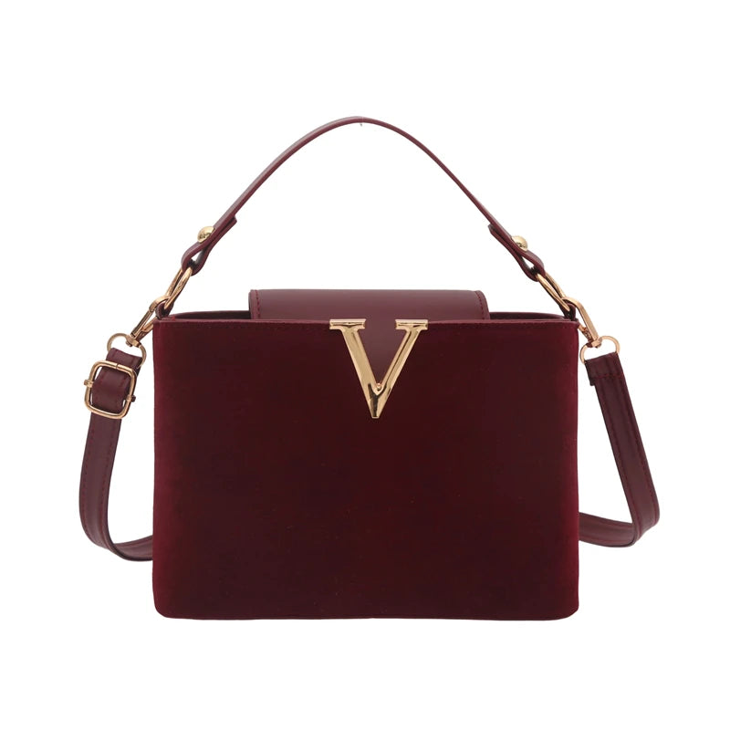Mini Faux Suede Handbag for Women – Crossbody Bag with Gold V Clasp