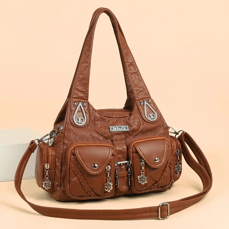 Retro Boho Women Shoulder Bag Solid Woven Rhinestone Crossbody Multi Pocket Large Capacity
