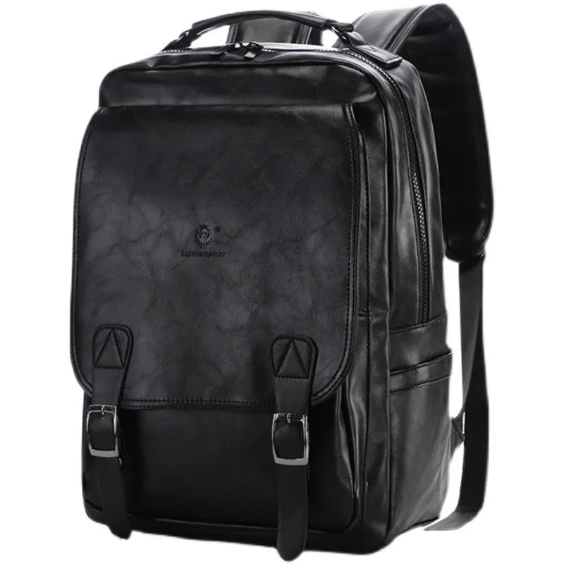 Pu Leather Flip-Top Large-Capacity 15-Inch Computer Backpack Multiple Pockets Men
