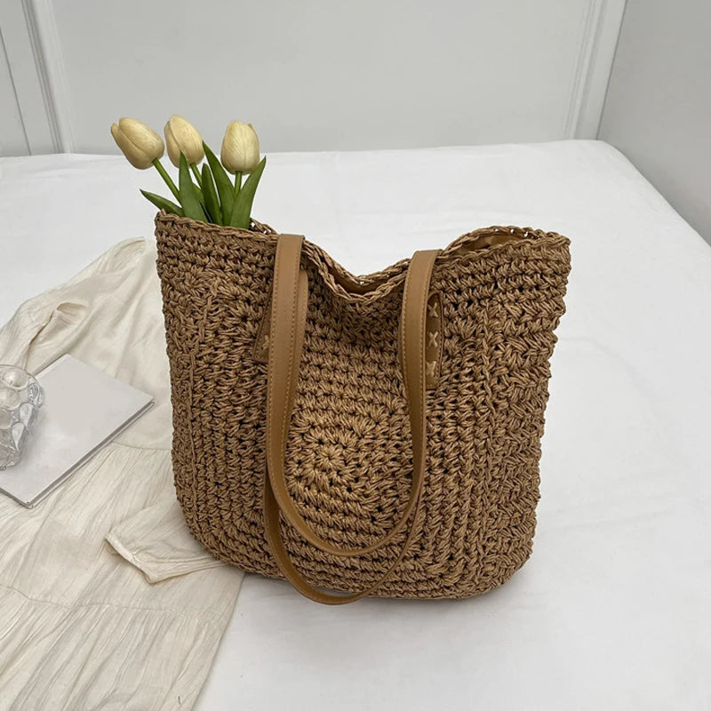 Simple Large-Capacity Straw Woven Bag Summer Beach Women S Shoulder Trend Handbags Girls