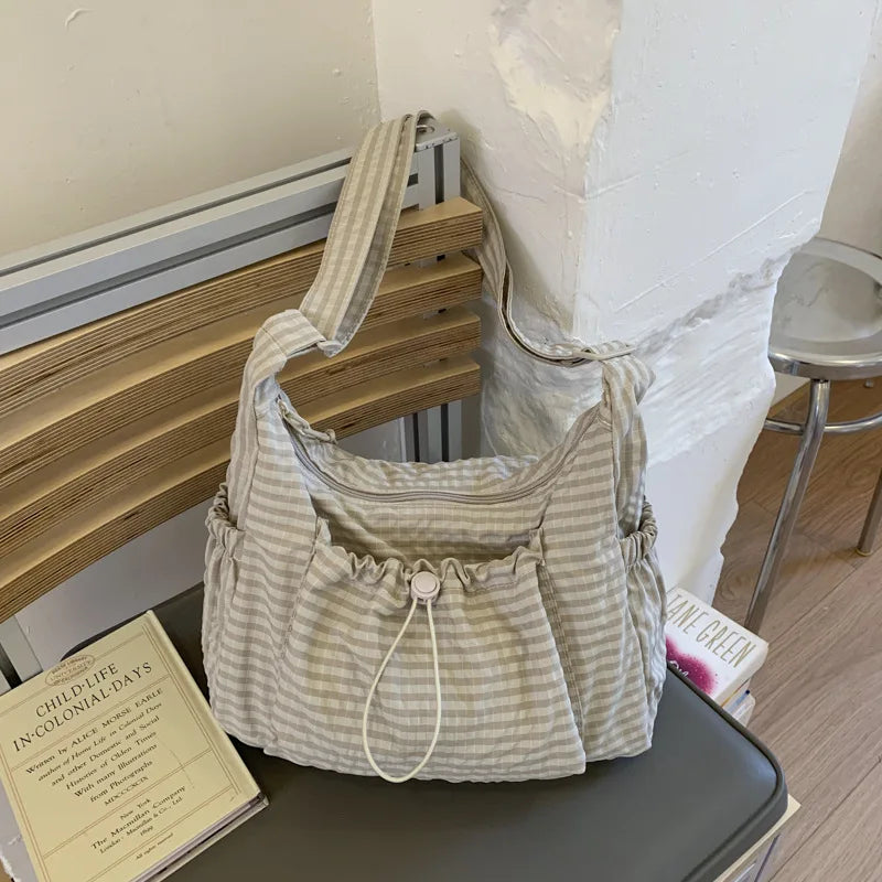 Korean Nylon Shoulder Bags Simple Plaid Zipper Tote Drawstring Pleated Cloud Commuter Crossbody Bag