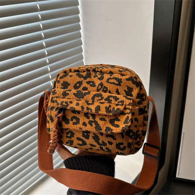 Leopard Print Corduroy Mini Crossbody Bag for Women
