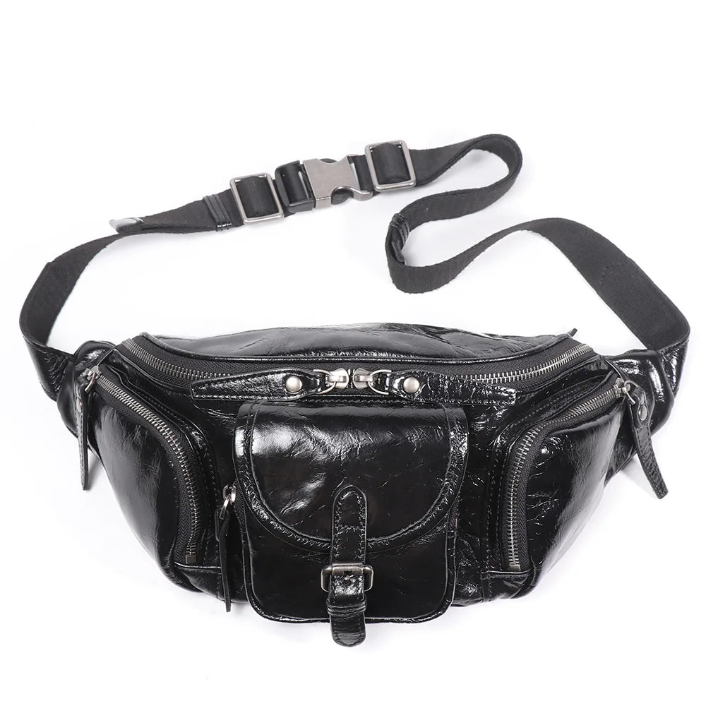 Top-Grain Cowhide Ipad Mini Waist Bag Genuine Leather Casual Chest Bag Multi-Functional Motorcycle