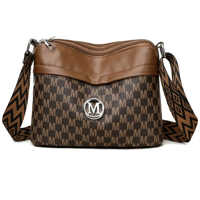Letter Print Crossbody Bag – Triple Zipper Leather Shoulder Purse