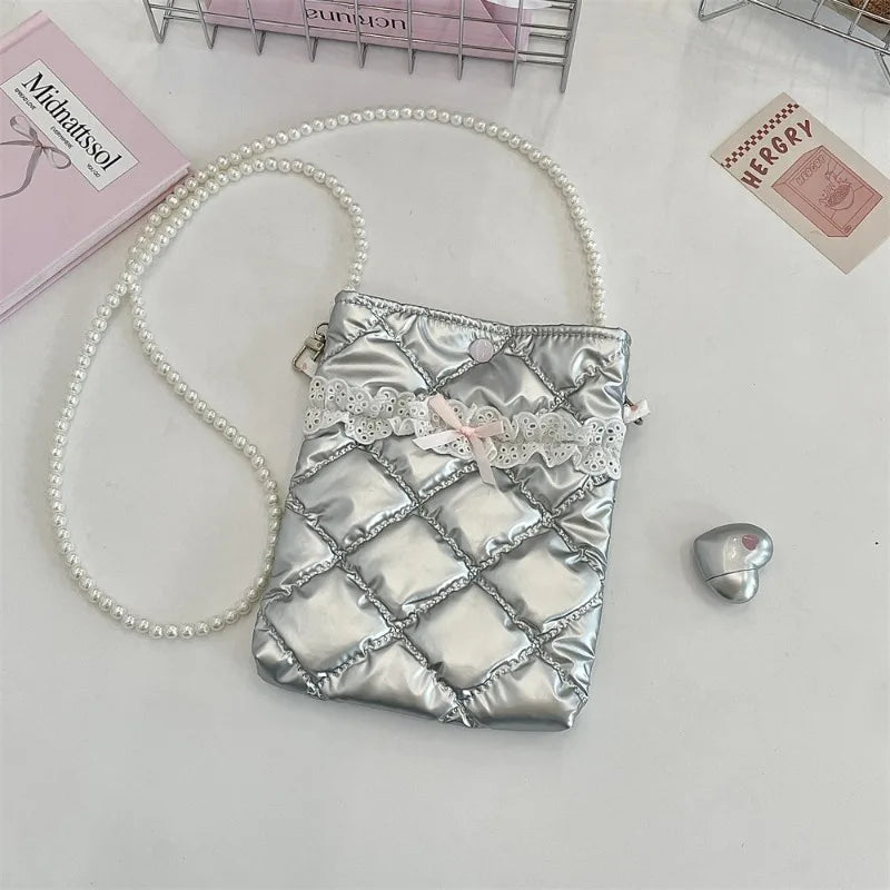 Satin Mini Phone Bag – Bow Embossed Pearl Chain Shoulder Purse