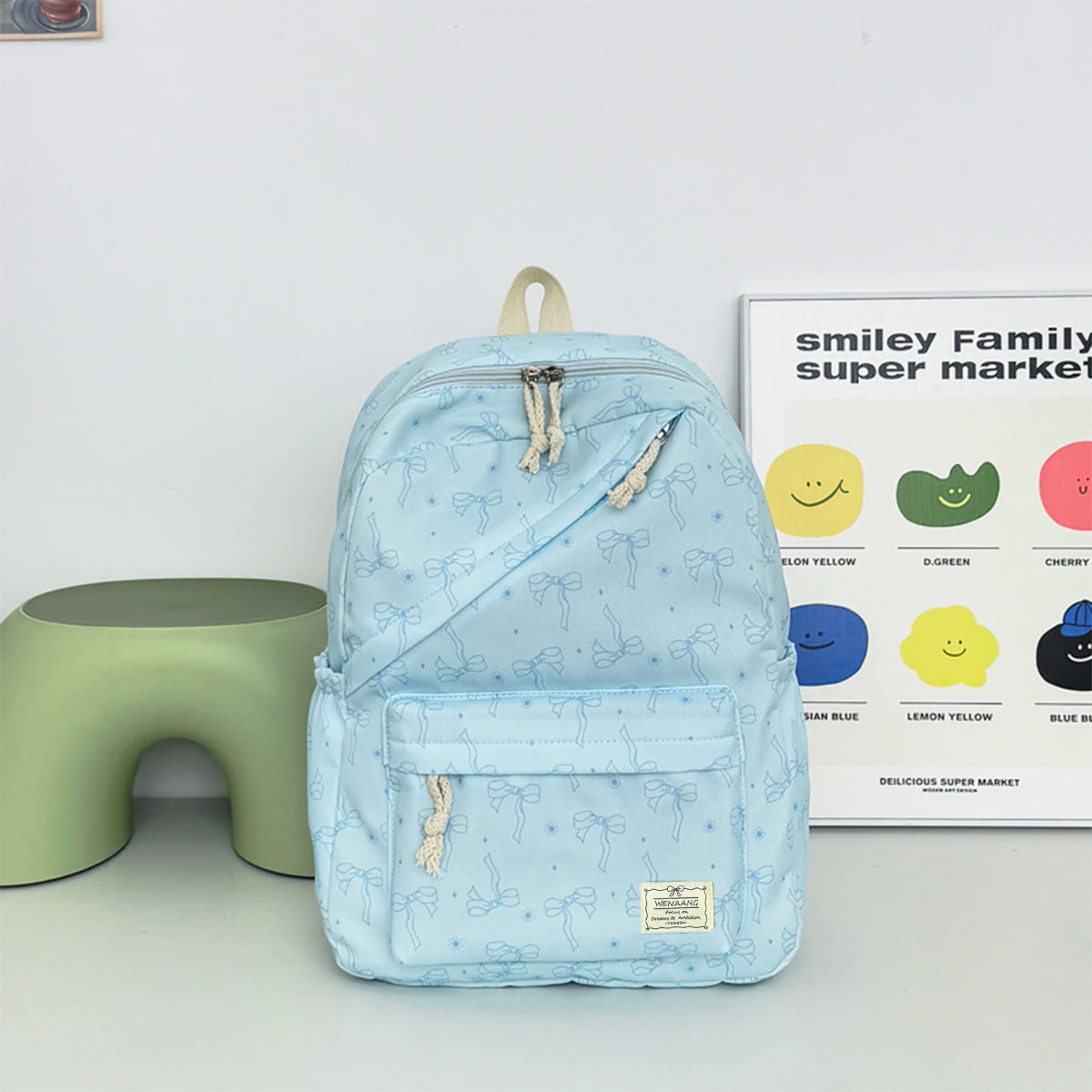 Gentle Romantic Bow Polka Dot Printed Backpack Nylon Lightweight Large Capacity Girls Campus Student