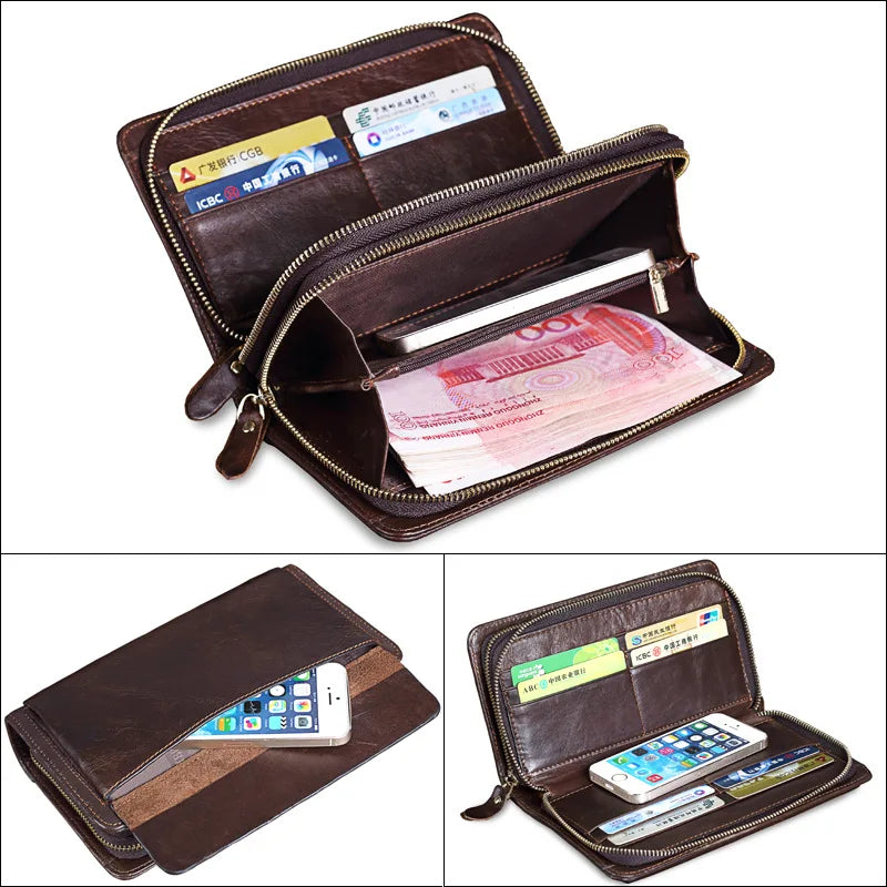 Men S Long Wallet Large Capacity Retro Real Leather Mobile Phone Storage Buckle Handheld Business