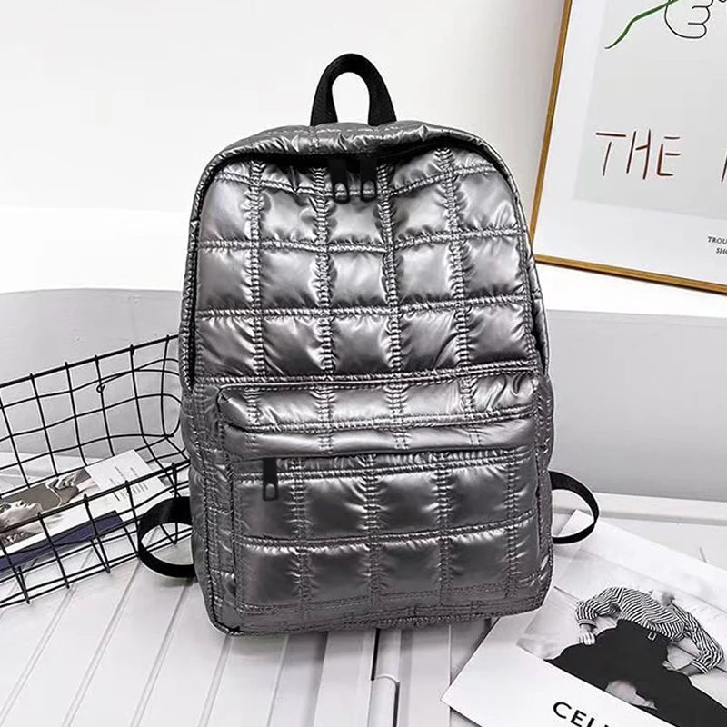 Quilted Metallic Backpack – Multi-Compartment Shiny Daypack for Women