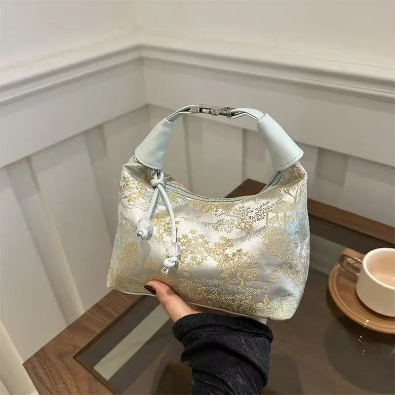 Satin Floral Shoulder Bag Chinese-Inspired Crossbody Handbag