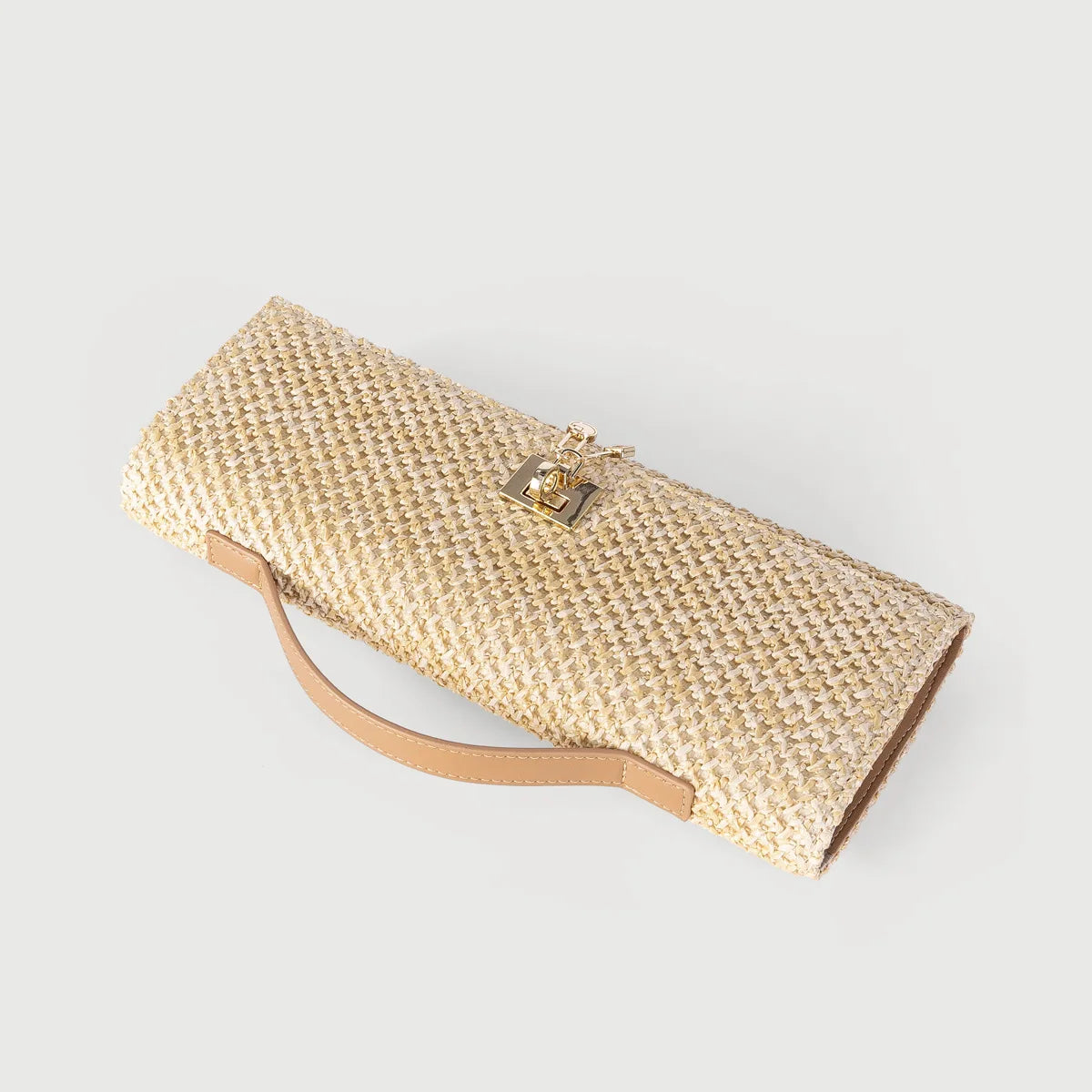 Straw Woven Clutch Bag – Gold Chain Crossbody Purse with Lock Closure
