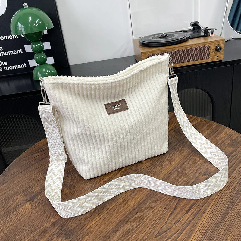 Corduroy Crossbody Bag with Wide Boho Strap