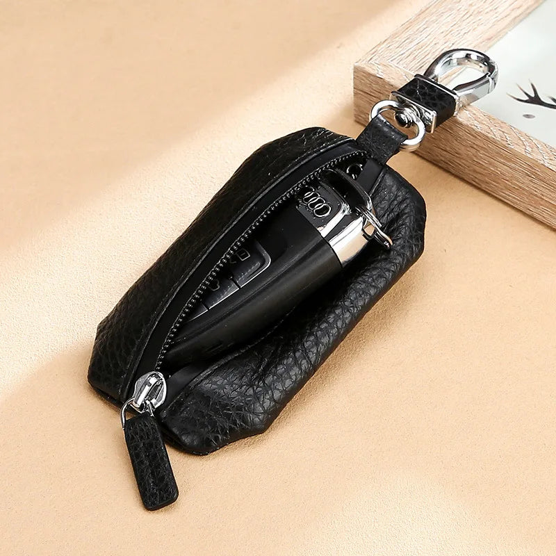 Genuine Leather Car Key Case Cowhide Lychee Pattern Universal Car Key Cover - Waterproof