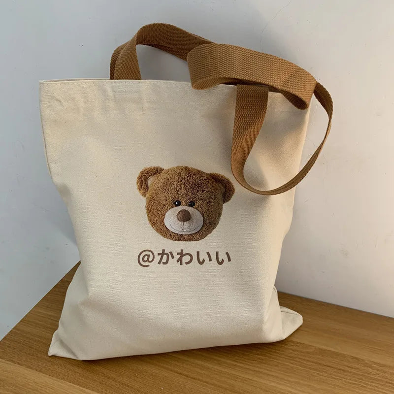 Bear Print Canvas Tote Bag – Large Capacity Shoulder Bag