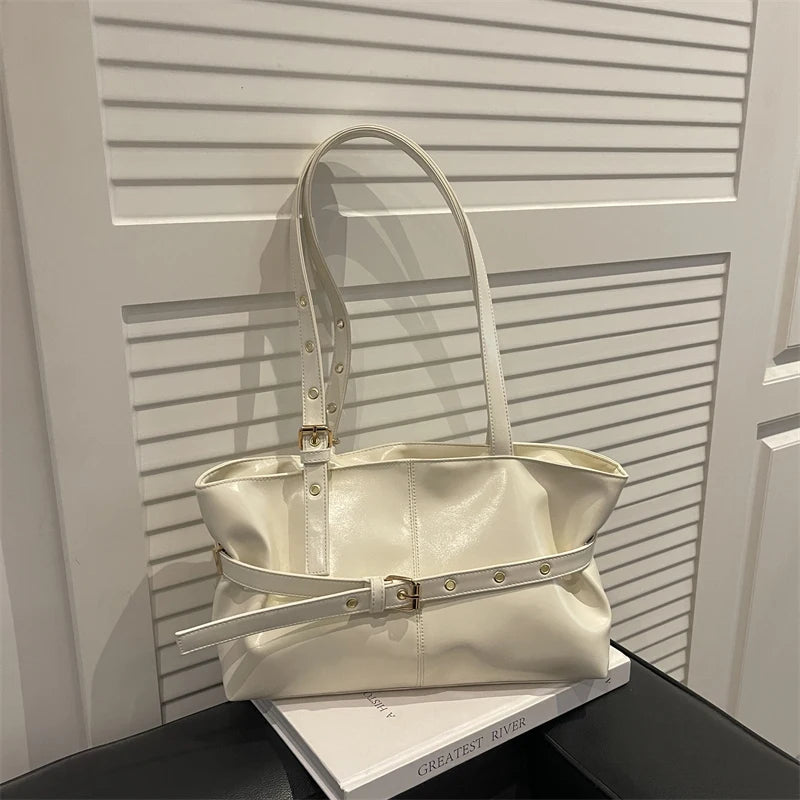 Trendy Simple Women Shoulder Bag Solid Color Soft Pu Leather Tote Large Capacity Handbag Commute
