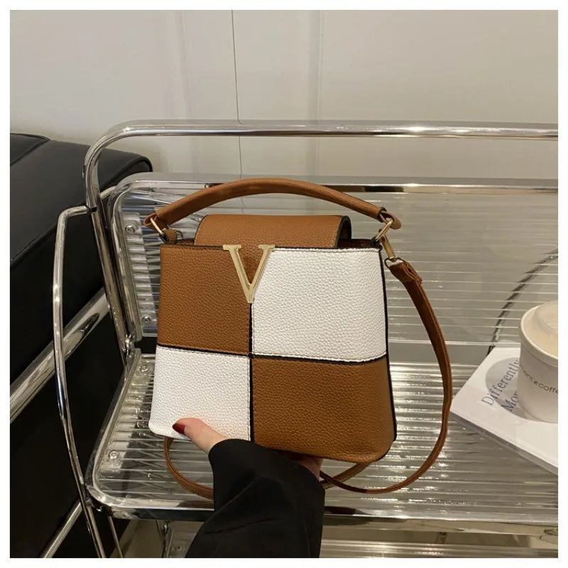 Colorblock Bucket Bag – Mini Crossbody Handbag with Gold V Accent
