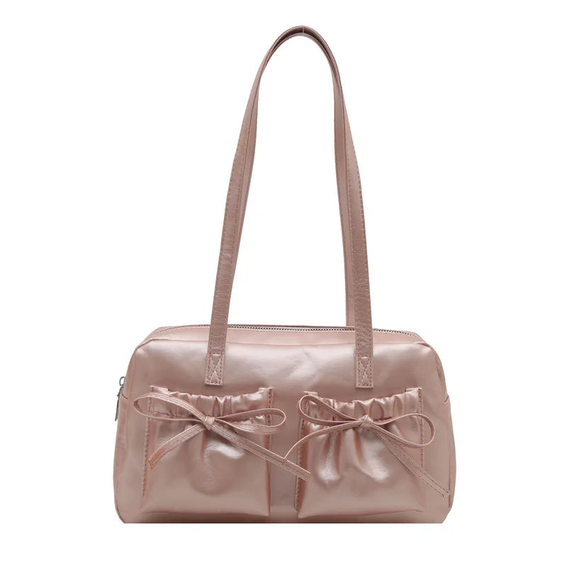 Cute Bow Tie Design Underarm Bags Women Y2k Korean Handbags Purses Pu Leather Shoulder Bag Designer