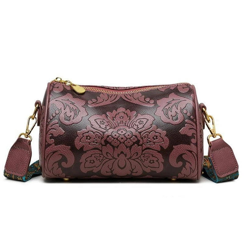 Retro Embossed Flower Leather Shoulder Bag Classic Cylinder Crossbody Bag Women Daily Use Party Work