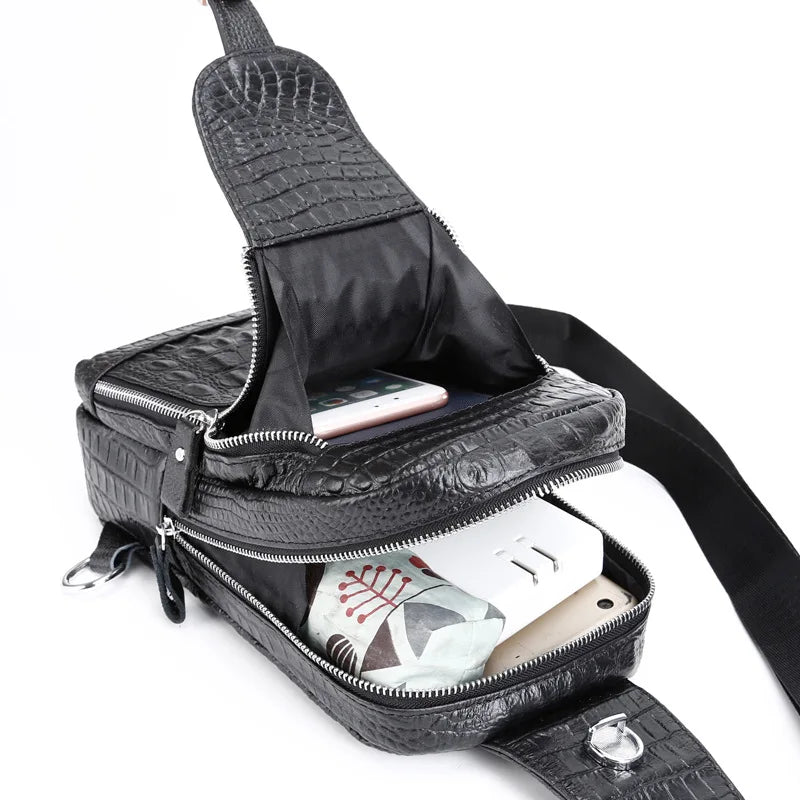 Men S Leather Chest Bag Head Layer Shoulder Oblique Cross Alligator Grain Large Capacity