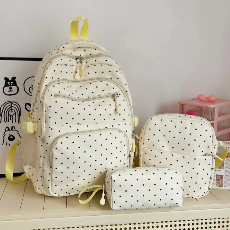 Nylon Polka Dot Backpack Set Stationery Storage Multi Compartment Girls Zipper Closure Student Gifts