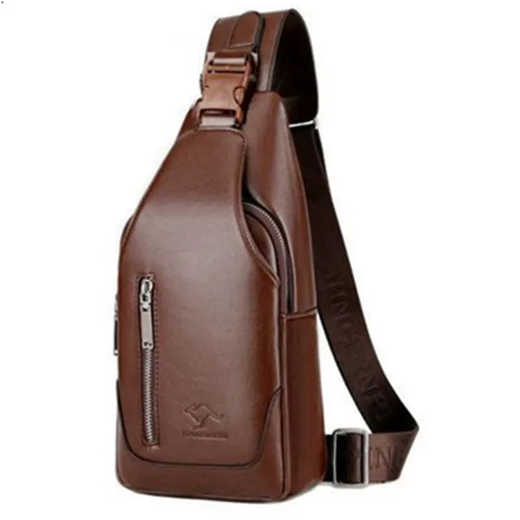 Business Casual Men Chest Bag Usb Port Multi-Pocket Pu Stitched Luster Zipper Shoulder Commute