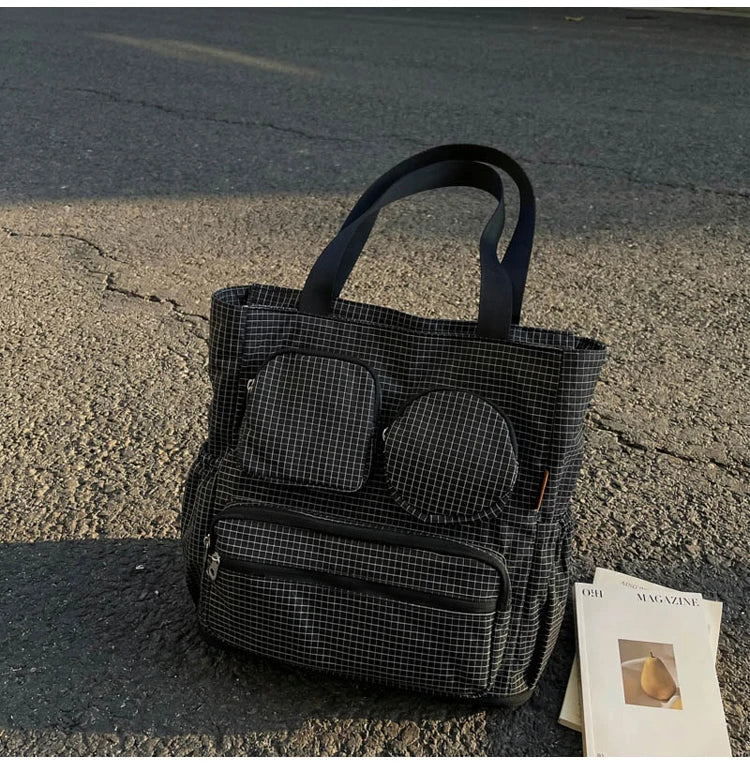 Nylon Plaid Zipper Multiple Pockets Casual Tote Winter Bags Design Sense Durable Large Capacity