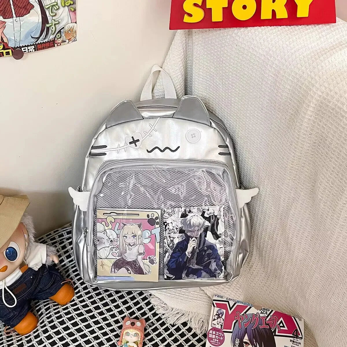 Kawaii Cat Ita Bag Backpack with Pin Display Pocket – Y2K Harajuku Style