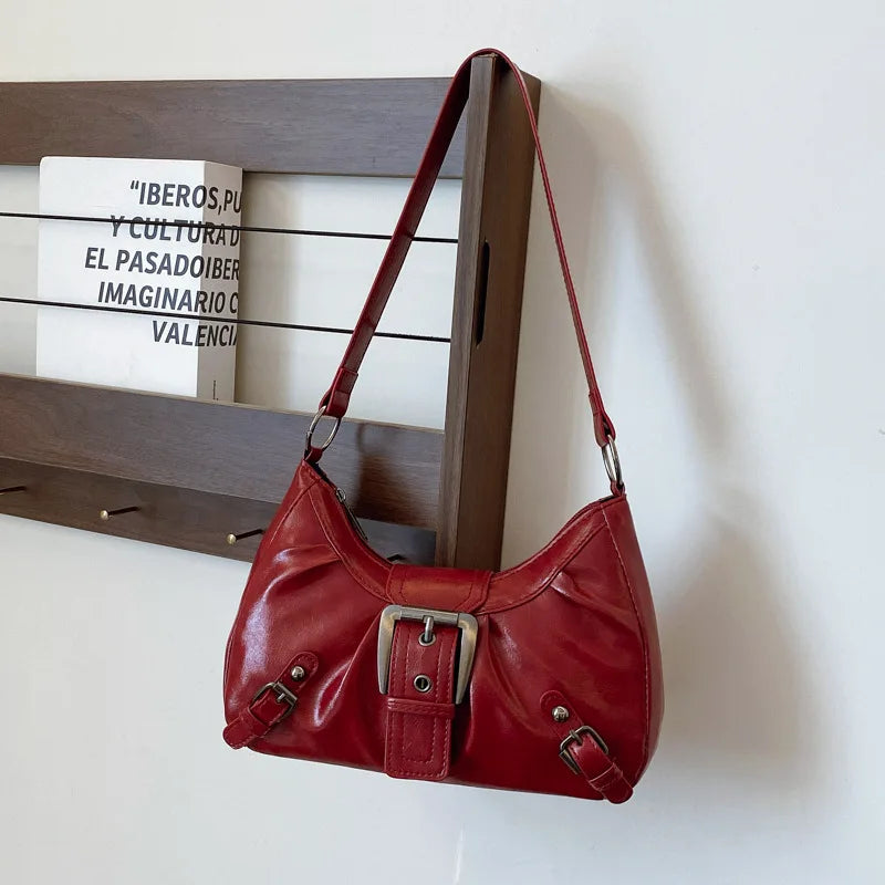 Hobo Shoulder Bag – Retro Faux Leather with Buckle Detail
