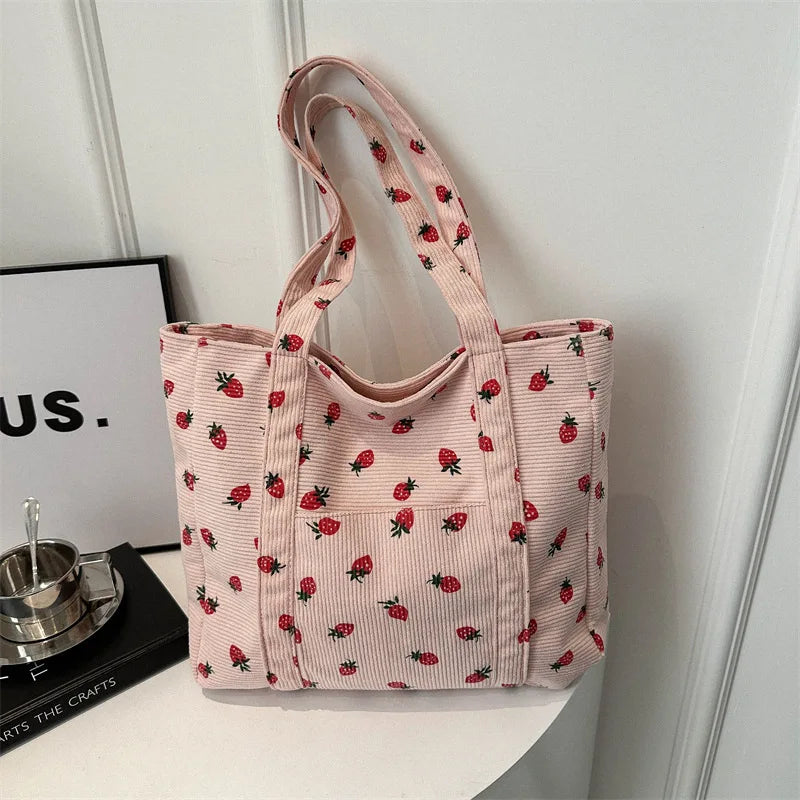 Chic Pink Strawberry Pattern Corduroy Tote Bag Women Work Shopping Handbag Shoulder