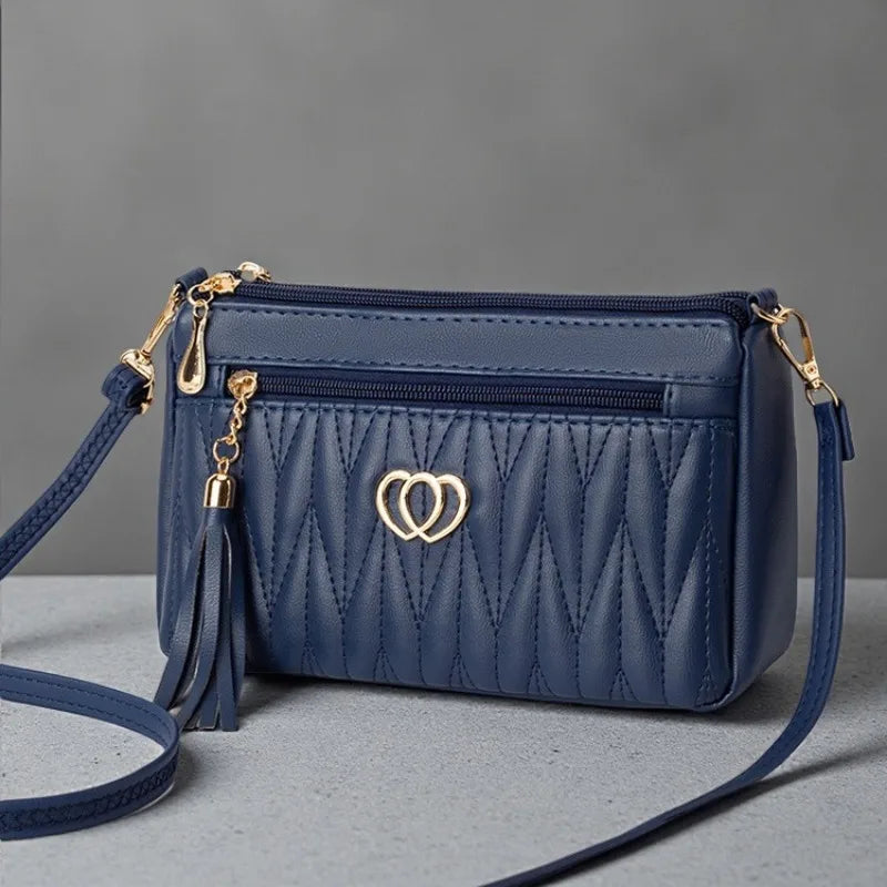 Quilted Crossbody Bag Double Heart Tassel Pendant Multi Zipper Pockets Shoulder Purse Adjustable