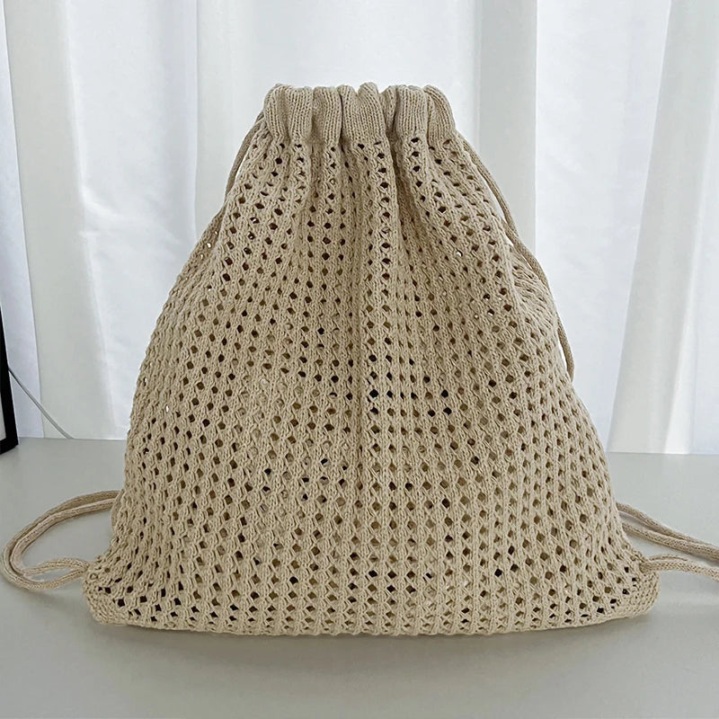 Hollow Woven Drawstring Tote Bag – Women's Large Crochet Shoulder Bag