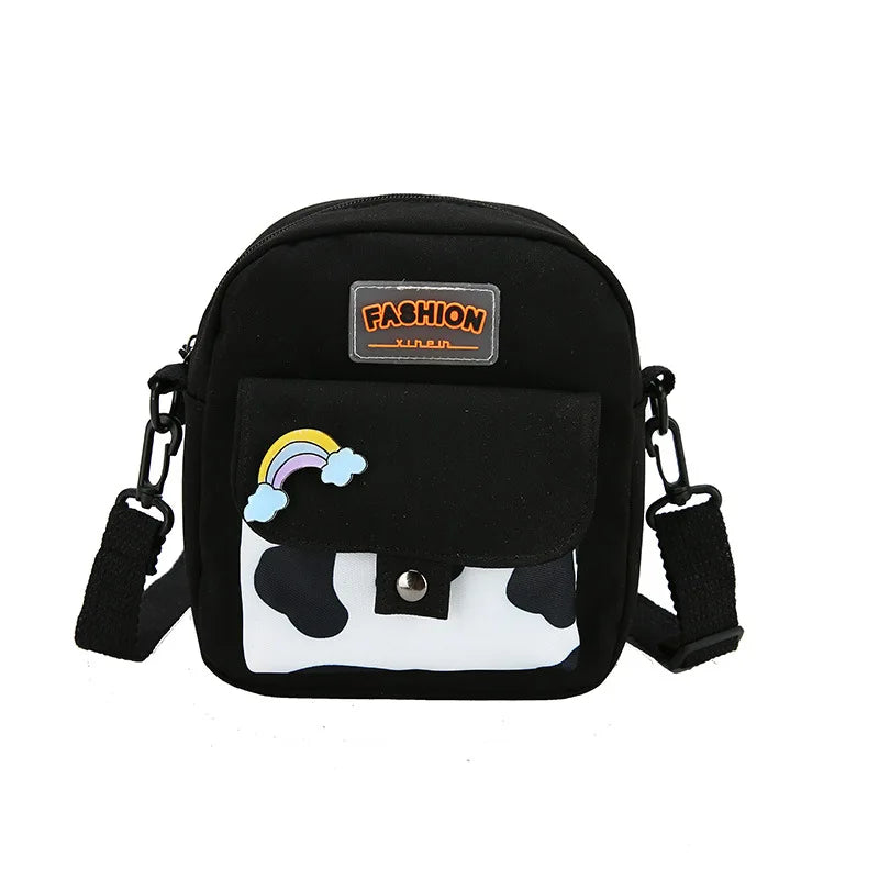 Stylish Cow Print Minimalist Crossbody Bag Lightweight Casual Shoulder Purse Rainbow Pin Students