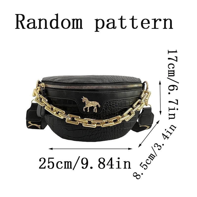 Croc-Embossed Crossbody Chest Bag with Gold Chain Strap