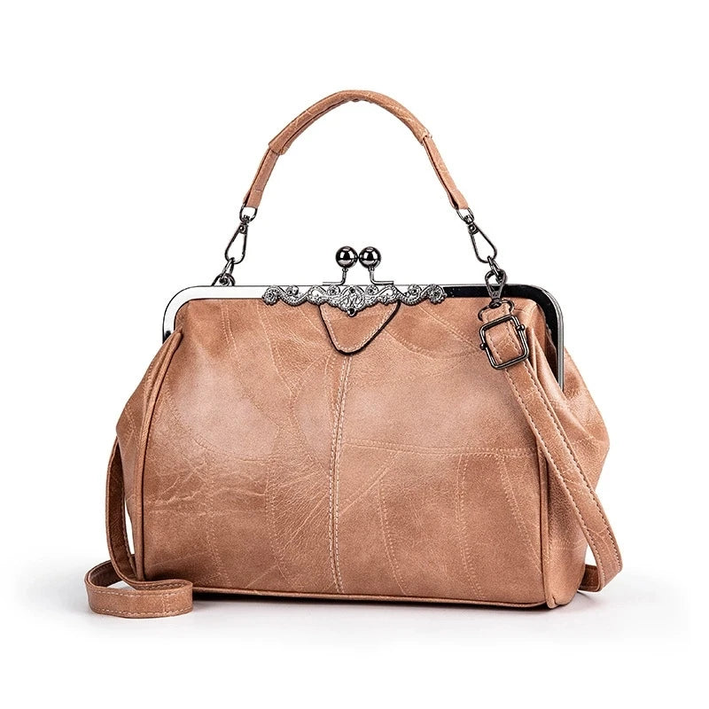 Vintage Kiss-Lock Handbag – Leather Crossbody Tote for Women