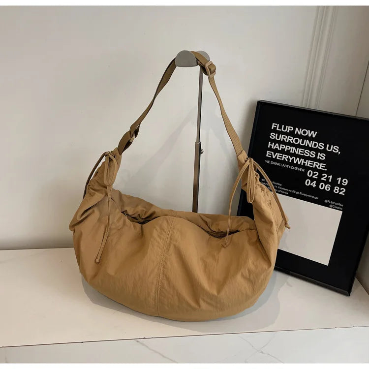 Nylon Crossbody Bag – Soft Drawstring Crescent Shoulder Bag for Women