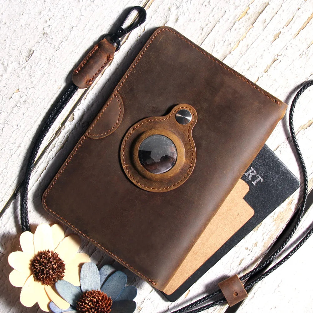 Vintage Leather Passport Bag Card Holder Certificate Cover Airtag Large Capacity Storage