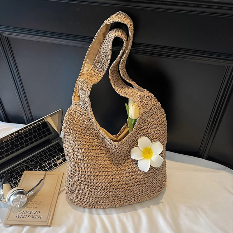 Women's Crochet Straw Tote Bag – Handwoven Hobo with Flower Decor