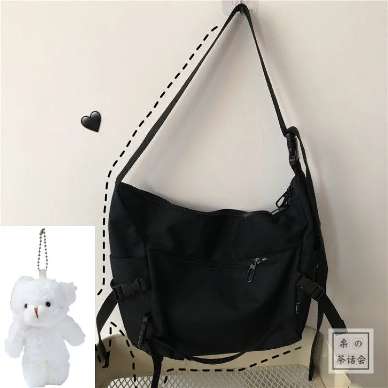 Canvas Crossbody Bag with Plush Pendant – Large Capacity Women's Shoulder Bag