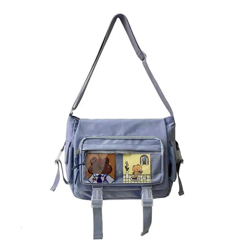 Kawaii Nylon Crossbody Bag Clear Pocket Front Shoulder Bag Student Flap Messenger Bag