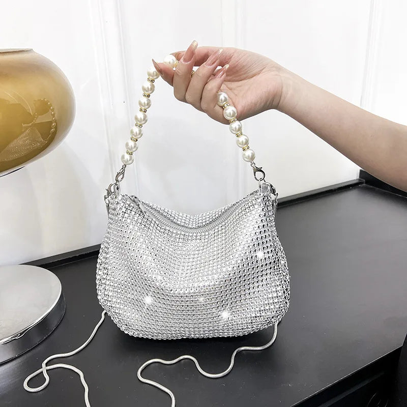 Glitter Silver Clutch Pearl Women Handbag Detachable Chain Crossbody Bags Wedding Prom Party Formal