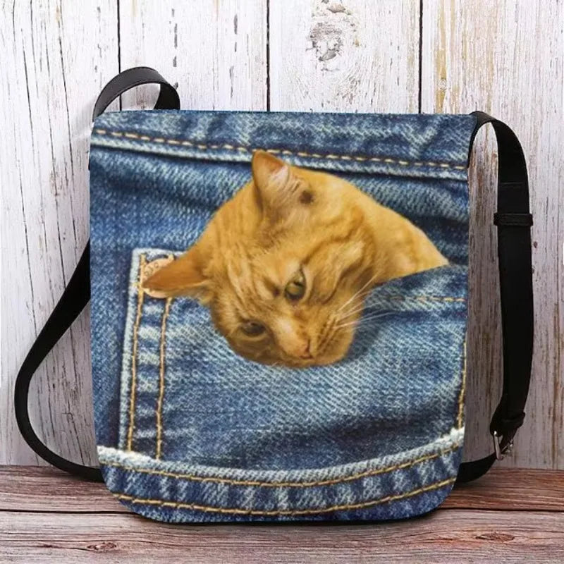Women's Denim Crossbody Bag – Cute Cat Print Shoulder Bag