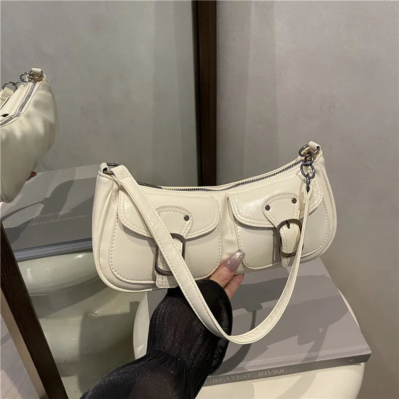 PU Leather Women's Y2K Vintage Shoulder Bag – Double Pocket Underarm Bag