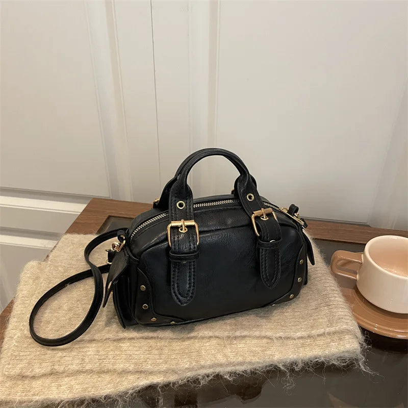 Women S Retro Shoulder Bag Cool Studded Decor Motorcycle Exquisite Versatile Bowling Multiple